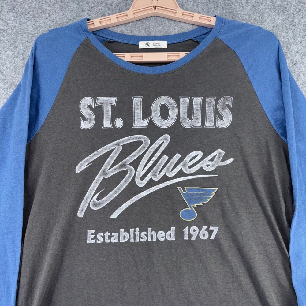47 Brand St Louis Blues NHL Raglan Shirt Womens Large Grey Blue Hockey Tee